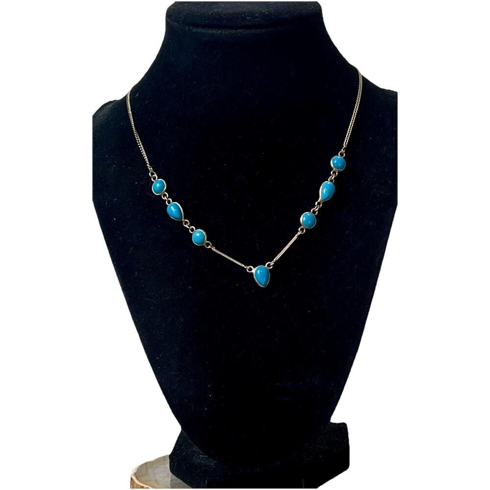Southwest Sterling Silver Turquoise Teardrop Station Necklace 925 Adjustable 16”